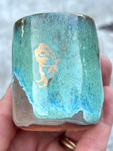 Load image into Gallery viewer, Gilded cordial cup- Seafoam/ Fawn Glaze w/ 3 Gold Butterflies 2oz