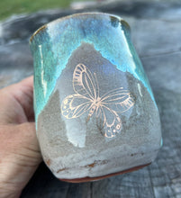 Load image into Gallery viewer, Gilded TeaCup- Seafoam/Fawn w/ Gold butterfly and curly handle 8oz