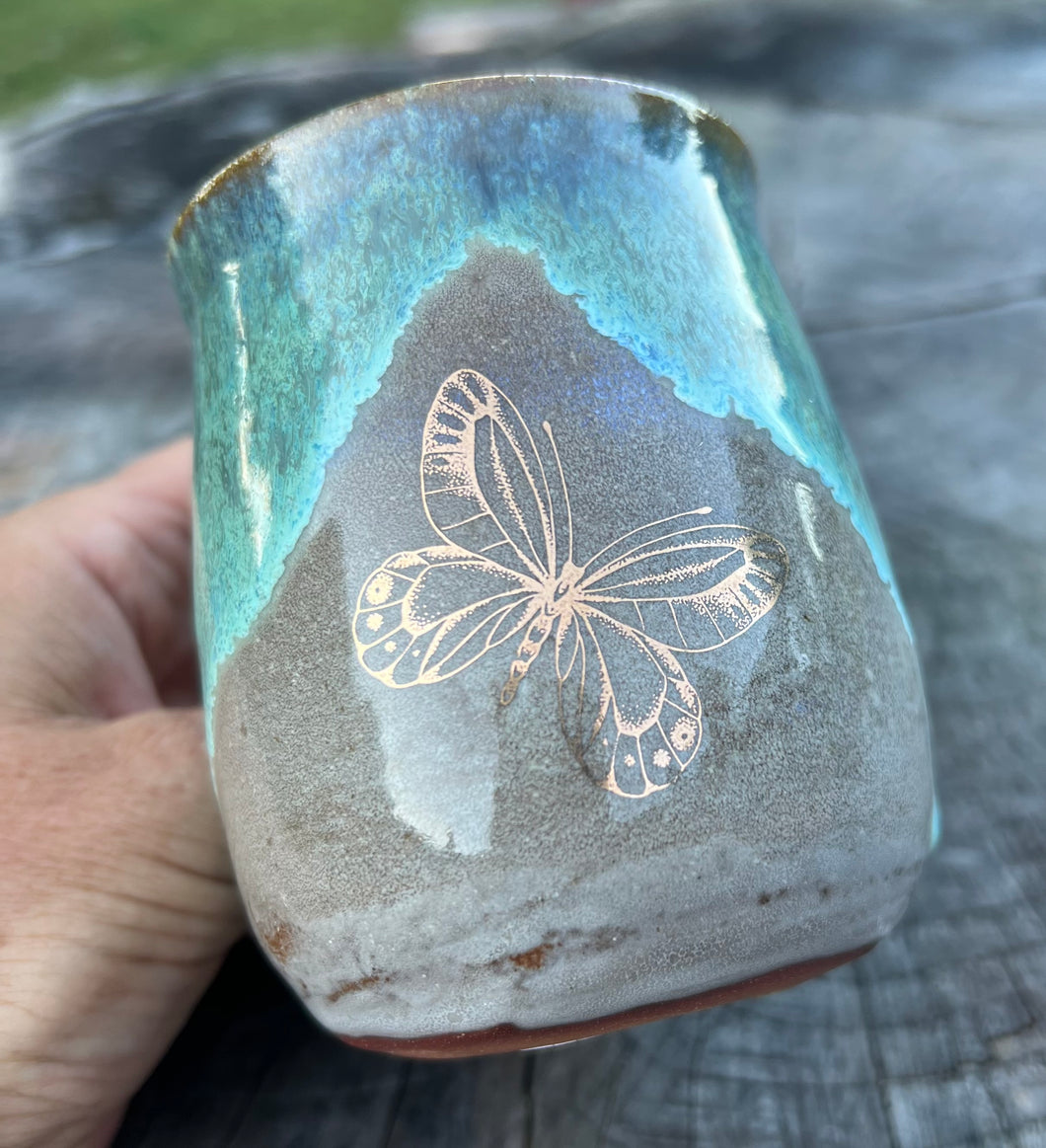 Gilded TeaCup- Seafoam/Fawn w/ Gold butterfly and curly handle 8oz