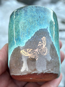 Gilded cordial cup- Seafoam/ Fawn Glaze w/ 2 Gold Butterflies 2oz