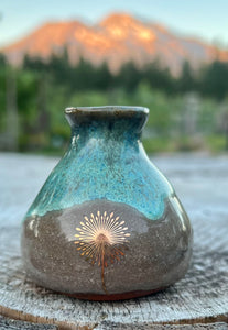 Gilded bud vase- Teal/ Fawn Glaze w/ Gold Butterfly and Dandelion flower 3oz