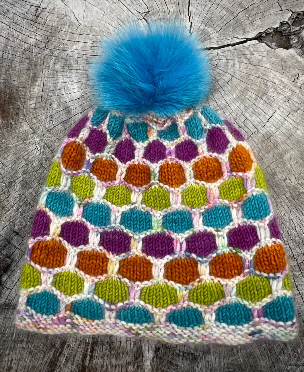 LimeTangerineFushiaTeal Pure Cashmere Honeycomb Hat w/ Teal Fox Pom